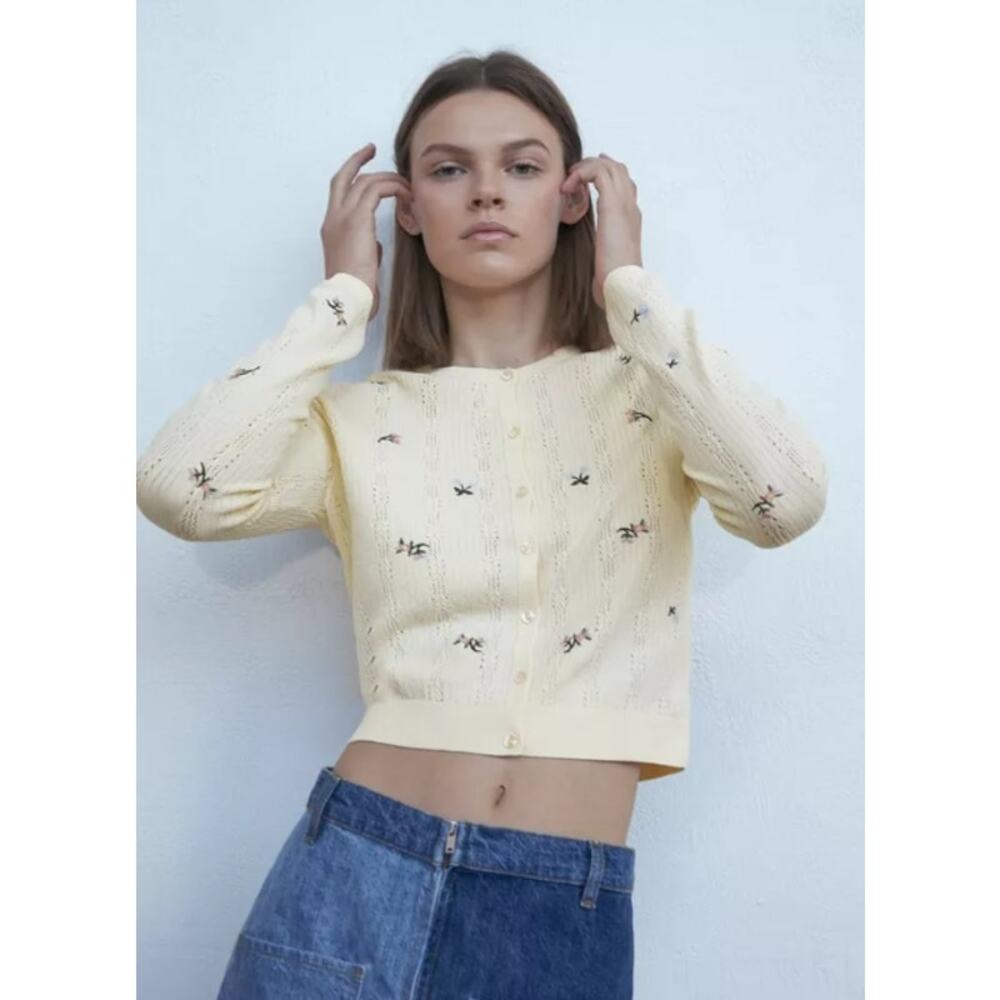 ZARA Embroidered Floral Cropped Cardigan Cottagecore Vintage Inspired Sweater - Picture 2 of 13